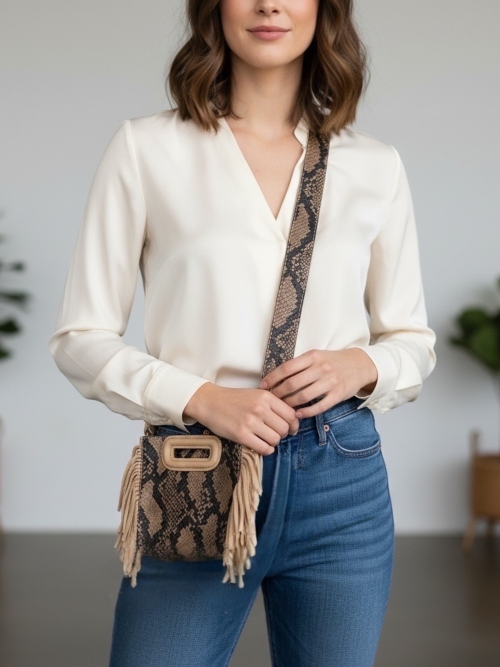 Maje Mini M Croc Embossed/Snake Print Leather Bag With Fringe